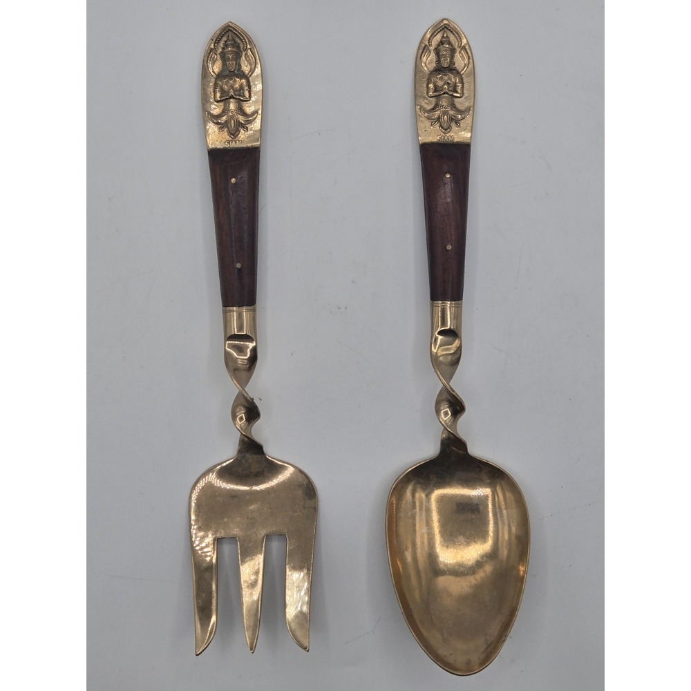 Teak Wood & Brass Spoon Fork Thailand Buddha SIAM Vintage